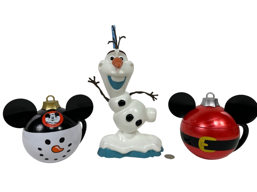 Disney Parks Mickey Mouse Snowman & Santa Christmas Bulb sippers and Olaf Drink Stein 6H/12H/6H