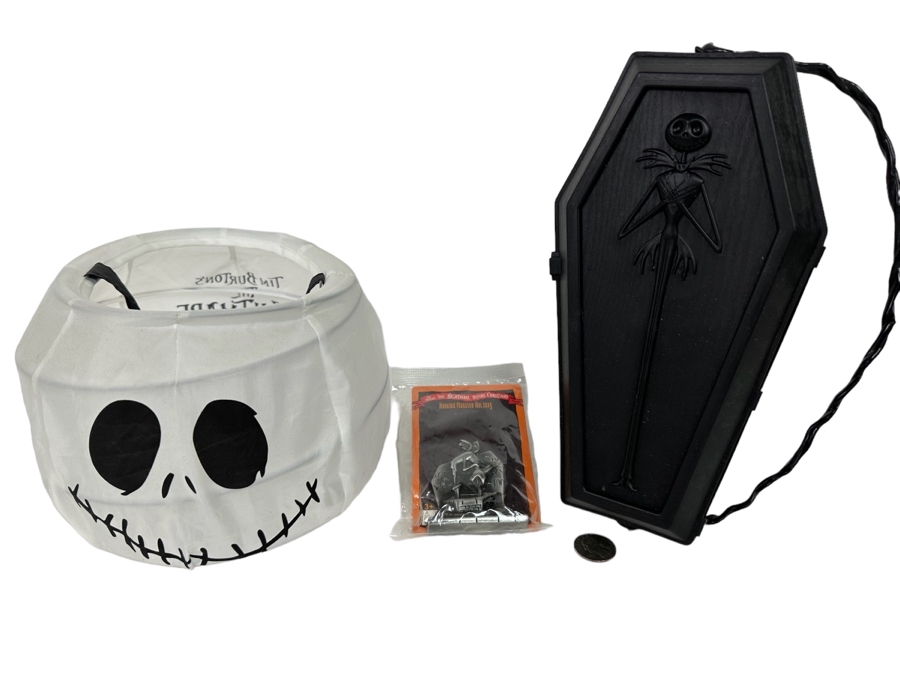 The Nightmare Before Christmas Vintage Trick or Treat Collapsible Pail, Jack Skellington Coffin Popcorn Bucket and Haunted Mansion Holiday Figurine 6H/4.5H