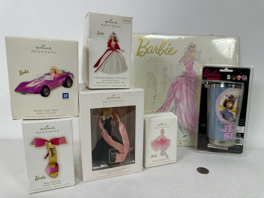 Lot of Five Hallmark Keepsake Barbie Ornaments, 2015 Brand New Sealed Barbie Calendar and Barbie Travel Mug 'Born to Jet Set' [Photo 3]