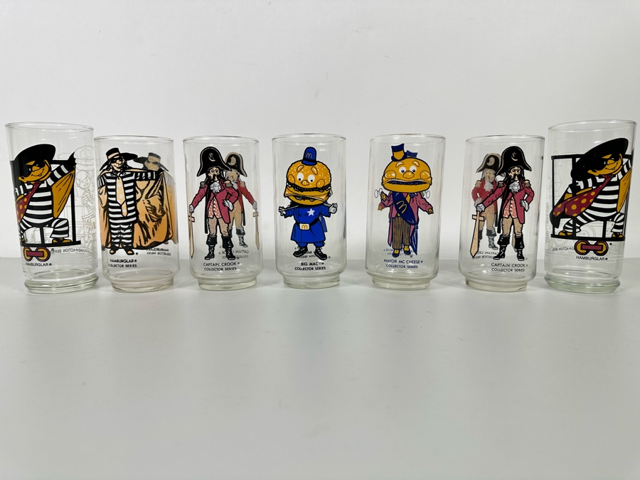Lot of 7 McDonald Action and Collector Series Drinking Glasses including Hamburglar,  Big Mac, Mayor McChesse and Captain Crook [Photo 1]