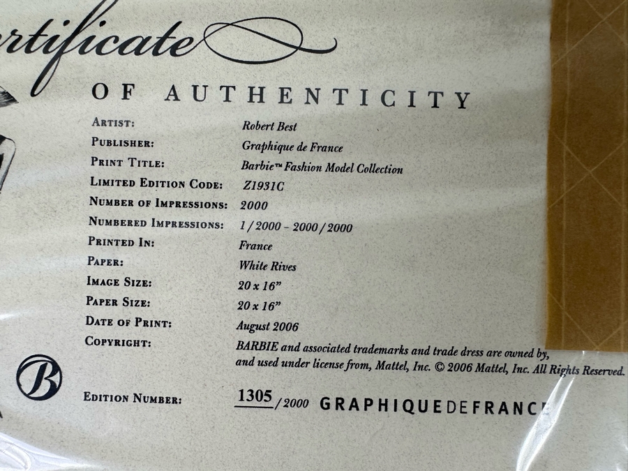 Barbie Fashion Model Collection Print By Artist Robert Best - Limited Edition 1305/2000 16W x 20H Frame: 19W x 23.5H [Photo 11]