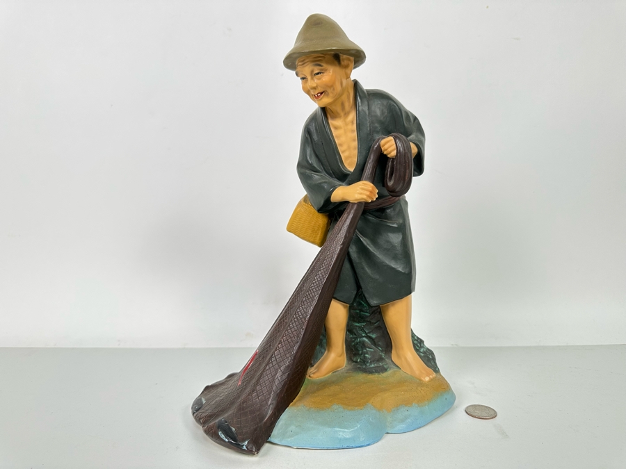 Vintage Japanese Hakata Urasaki Hand Painted Ceramic Doll Figurine Fisherman With Net 8.5W X 12.5H [Photo 2]