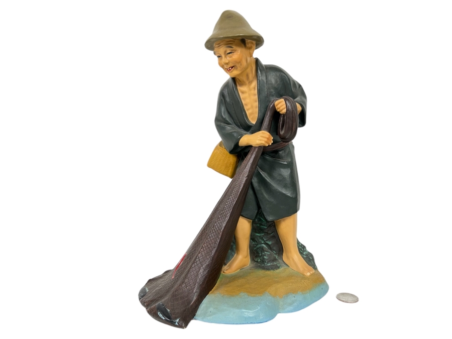 Vintage Japanese Hakata Urasaki Hand Painted Ceramic Doll Figurine Fisherman With Net 8.5W X 12.5H [Photo 1]