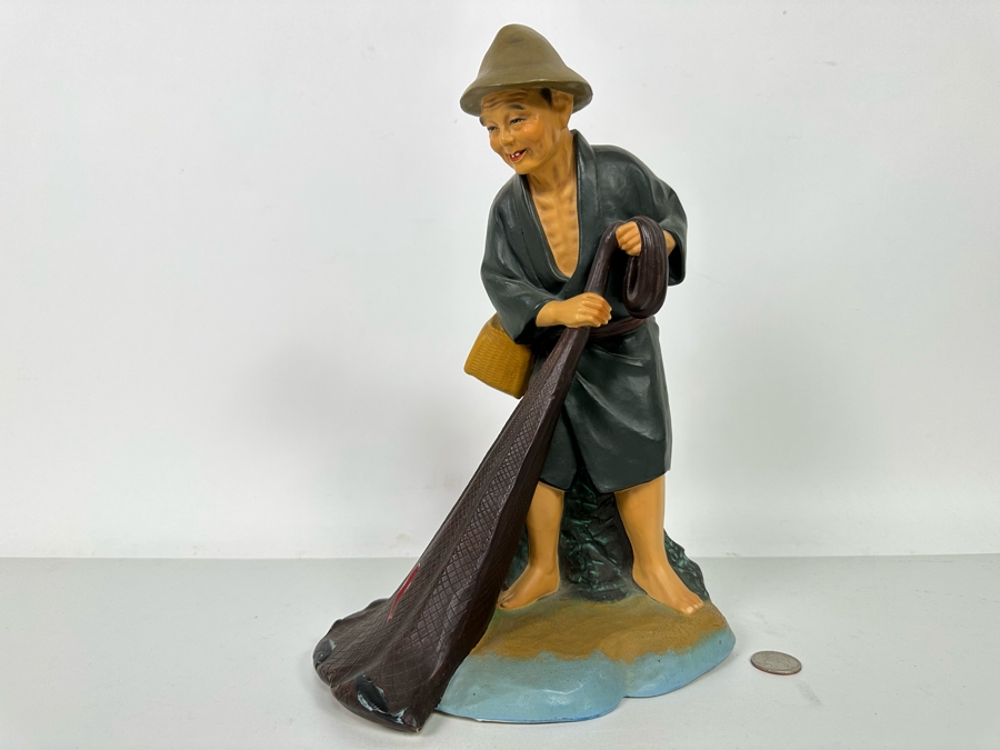 Vintage Japanese Hakata Urasaki Hand Painted Ceramic Doll Figurine Fisherman With Net 8.5W X 12.5H [Photo 3]