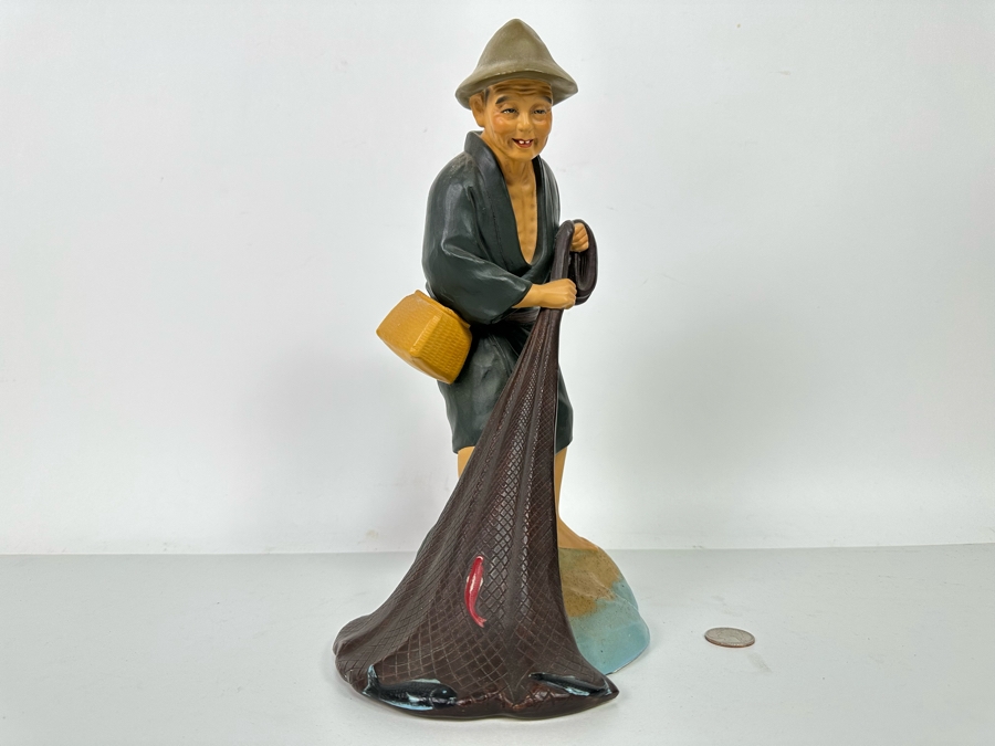 Vintage Japanese Hakata Urasaki Hand Painted Ceramic Doll Figurine Fisherman With Net 8.5W X 12.5H [Photo 4]