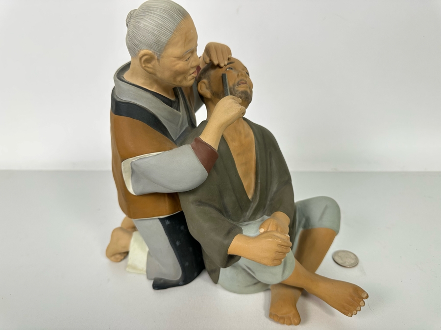 Vintage Japanese Hakata Urasaki Hand Painted Ceramic Doll Figurine Woman Shaving Man 9W X 9H [Photo 8]