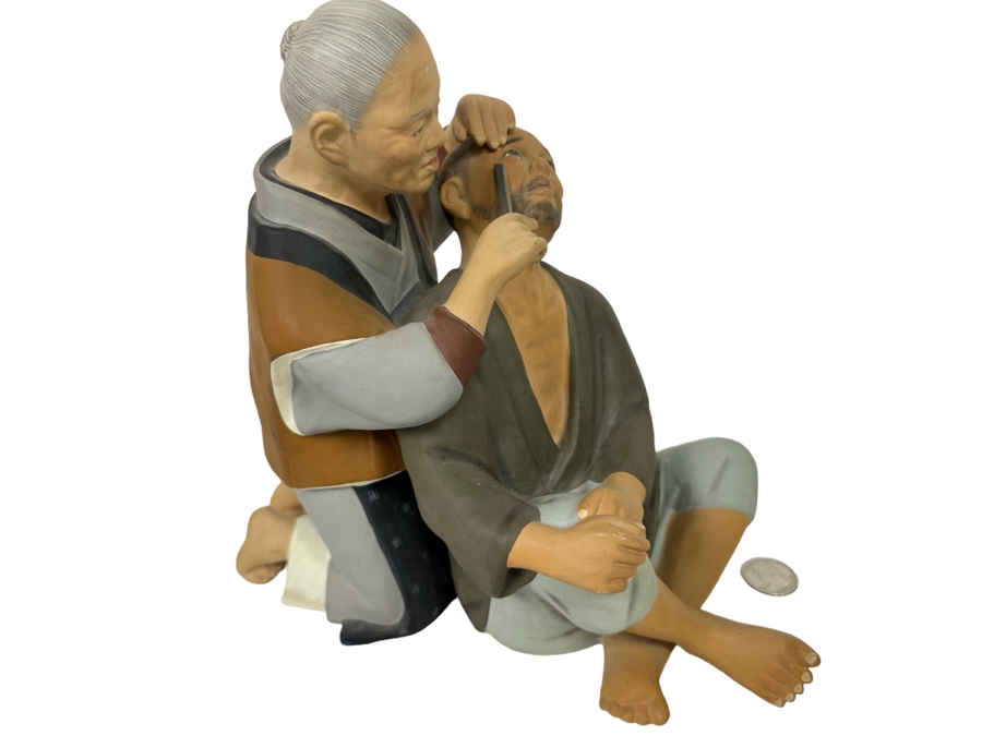 Vintage Japanese Hakata Urasaki Hand Painted Ceramic Doll Figurine Woman Shaving Man 9W X 9H [Photo 2]