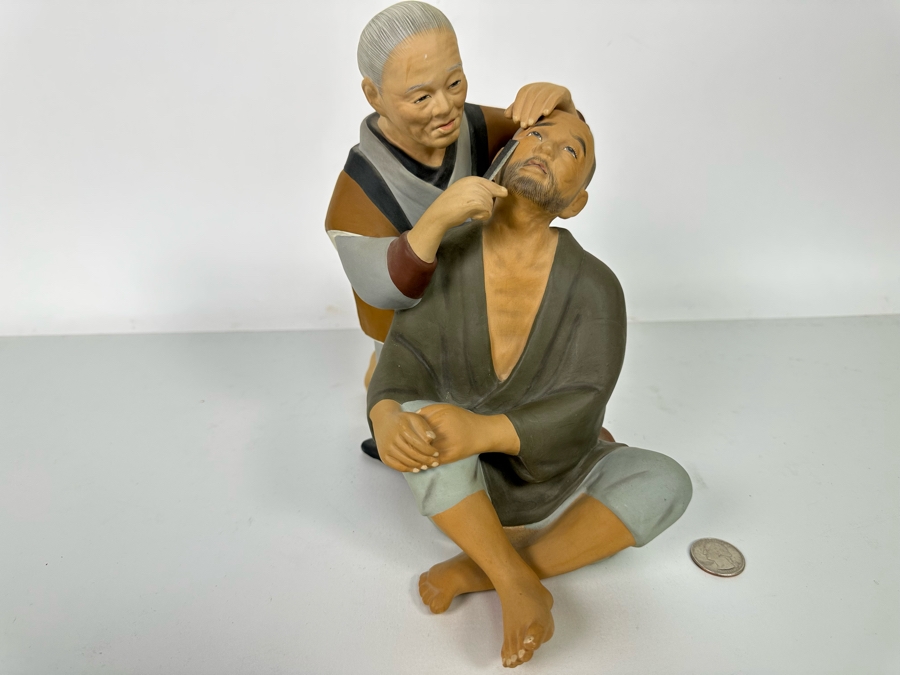 Vintage Japanese Hakata Urasaki Hand Painted Ceramic Doll Figurine Woman Shaving Man 9W X 9H [Photo 5]