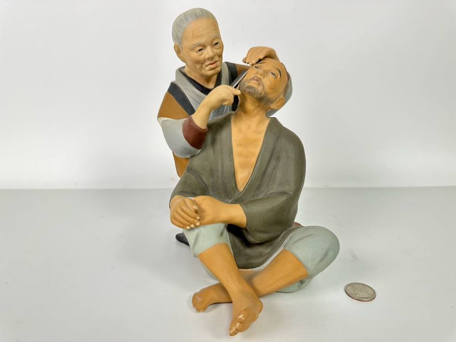 Vintage Japanese Hakata Urasaki Hand Painted Ceramic Doll Figurine Woman Shaving Man 9W X 9H [Photo 4]