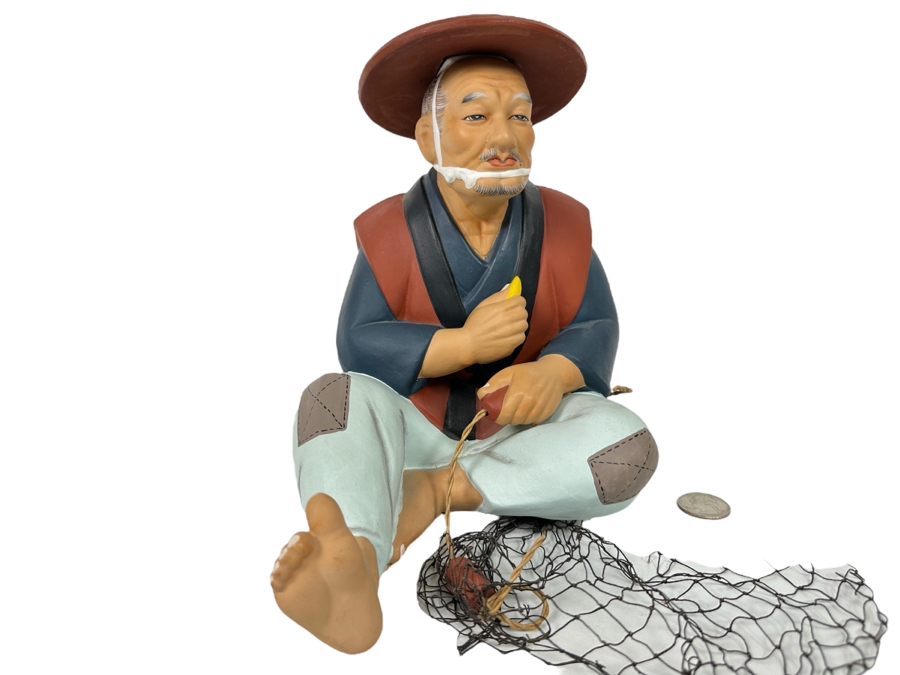 Vintage Japanese Hakata Urasaki Hand Painted Ceramic Doll Figurine Man With Fishing Net 6W X 8.5H [Photo 1]