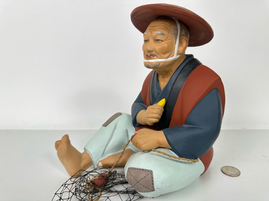 Vintage Japanese Hakata Urasaki Hand Painted Ceramic Doll Figurine Man With Fishing Net 6W X 8.5H [Photo 6]