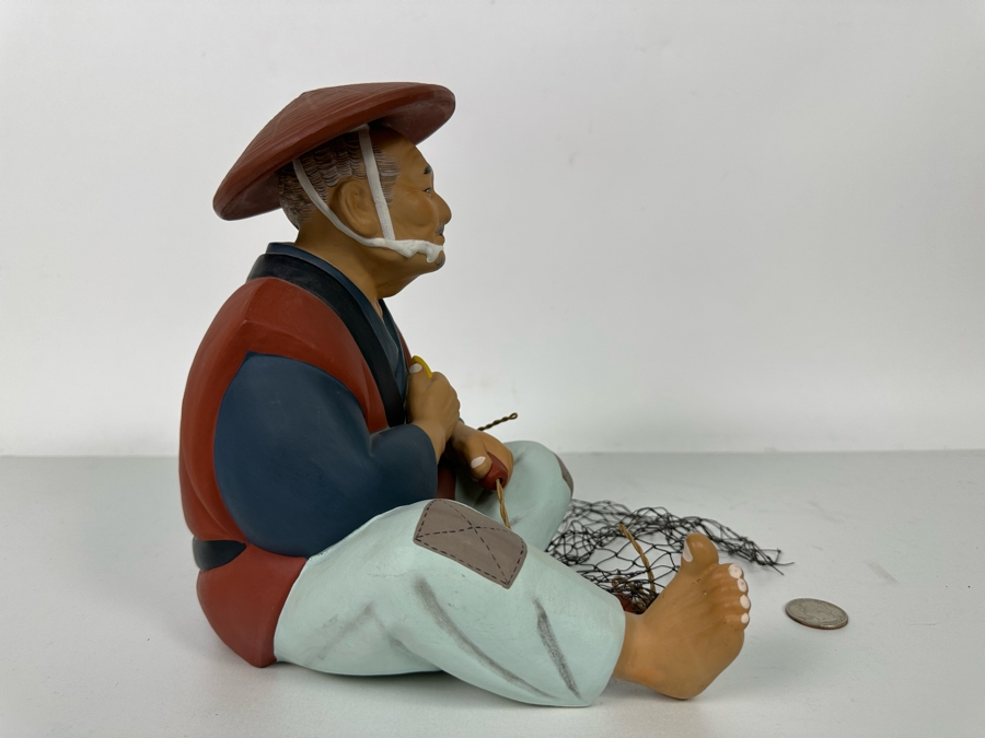 Vintage Japanese Hakata Urasaki Hand Painted Ceramic Doll Figurine Man With Fishing Net 6W X 8.5H [Photo 8]