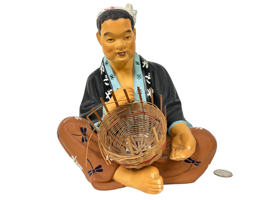 Vintage Japanese Hakata Urasaki Hand Painted Ceramic Doll Figurine Man Weaving Basket 8W X 9H [Photo 1]
