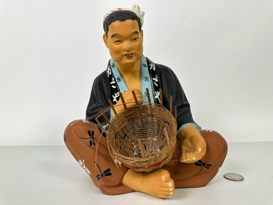 Vintage Japanese Hakata Urasaki Hand Painted Ceramic Doll Figurine Man Weaving Basket 8W X 9H [Photo 3]