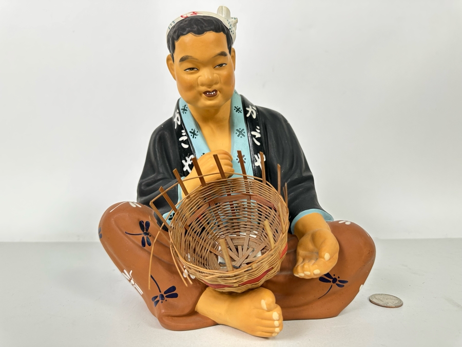Vintage Japanese Hakata Urasaki Hand Painted Ceramic Doll Figurine Man Weaving Basket 8W X 9H [Photo 2]
