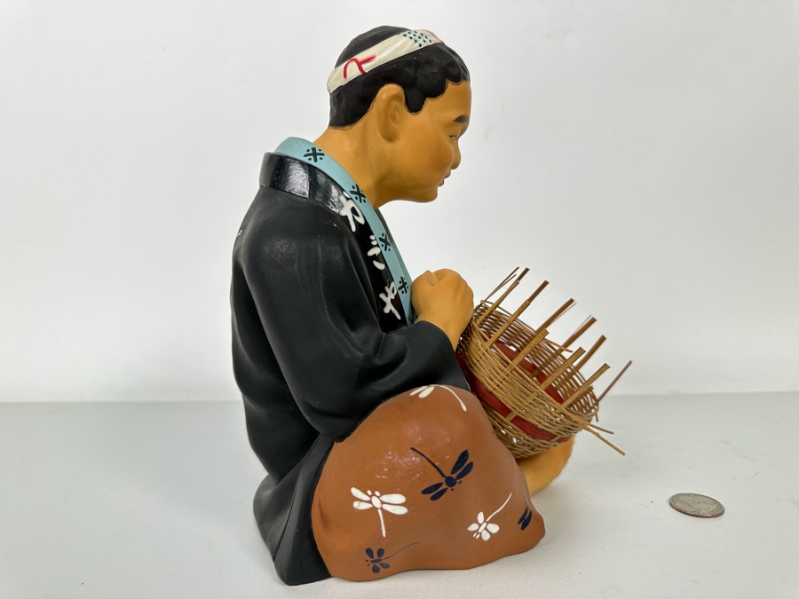 Vintage Japanese Hakata Urasaki Hand Painted Ceramic Doll Figurine Man Weaving Basket 8W X 9H [Photo 9]