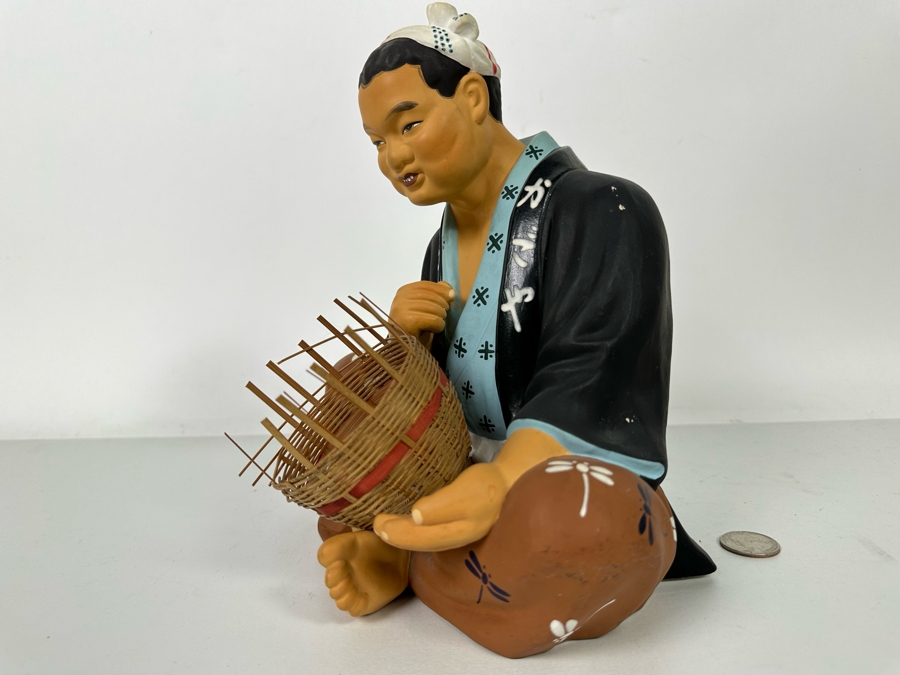 Vintage Japanese Hakata Urasaki Hand Painted Ceramic Doll Figurine Man Weaving Basket 8W X 9H [Photo 7]