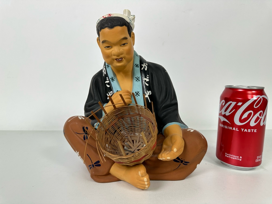 Vintage Japanese Hakata Urasaki Hand Painted Ceramic Doll Figurine Man Weaving Basket 8W X 9H [Photo 14]
