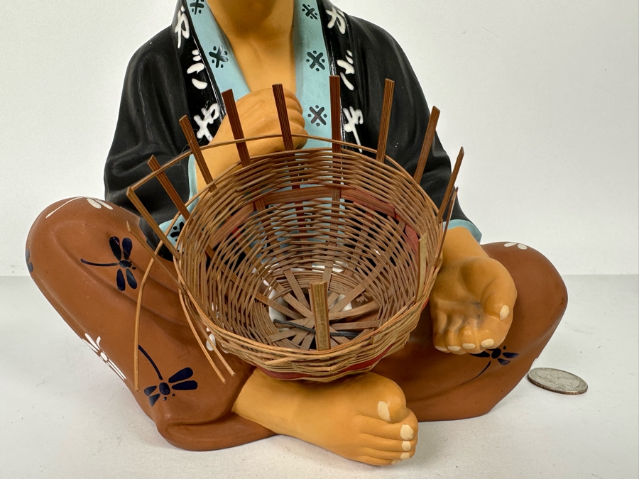 Vintage Japanese Hakata Urasaki Hand Painted Ceramic Doll Figurine Man Weaving Basket 8W X 9H [Photo 6]