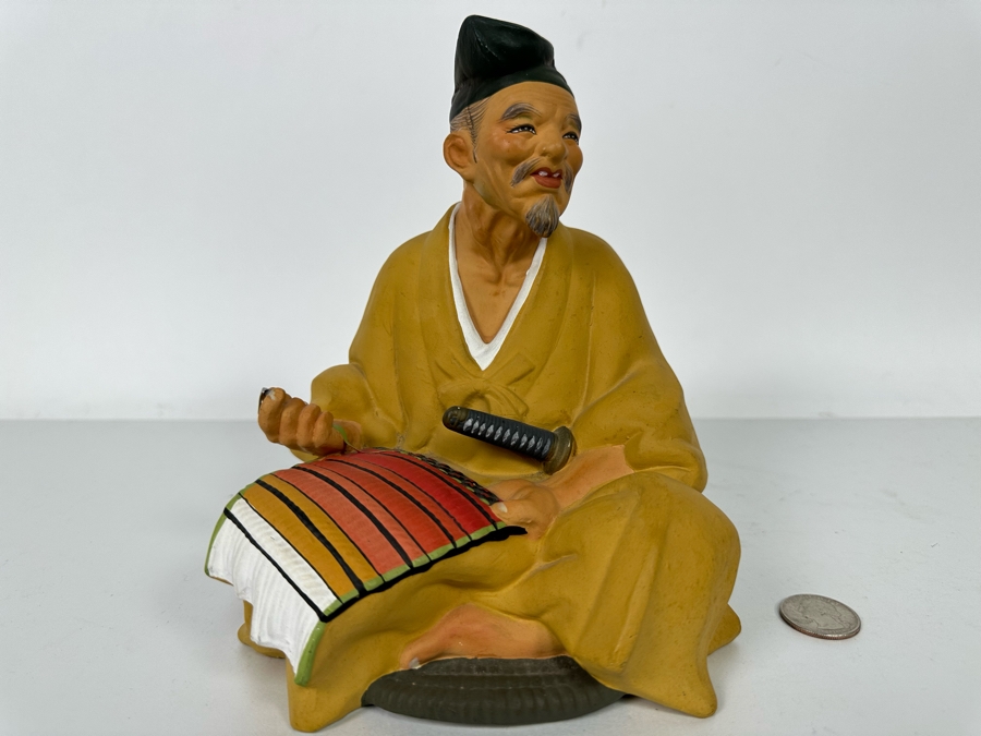 Vintage Japanese Hakata Urasaki Hand Painted Ceramic Doll Figurine Seated Man With Sword 6W X 7.5H [Photo 2]