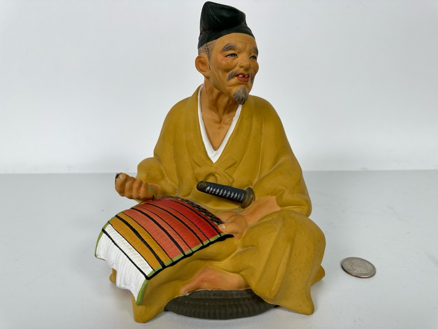 Vintage Japanese Hakata Urasaki Hand Painted Ceramic Doll Figurine Seated Man With Sword 6W X 7.5H [Photo 3]