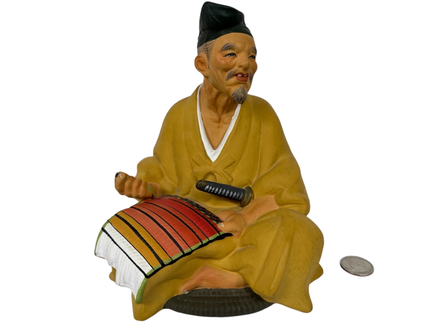Vintage Japanese Hakata Urasaki Hand Painted Ceramic Doll Figurine Seated Man With Sword 6W X 7.5H [Photo 1]