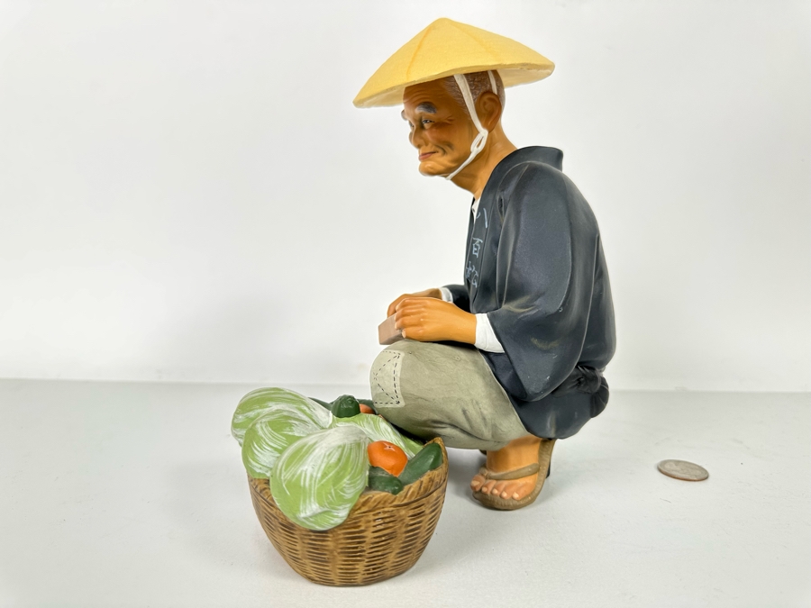 Vintage Japanese Hakata Urasaki Hand Painted Ceramic Doll Figurine Seated Man With Vegetable Basket 8W X 9H [Photo 12]