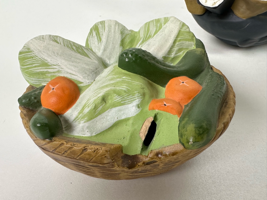 Vintage Japanese Hakata Urasaki Hand Painted Ceramic Doll Figurine Seated Man With Vegetable Basket 8W X 9H [Photo 13]