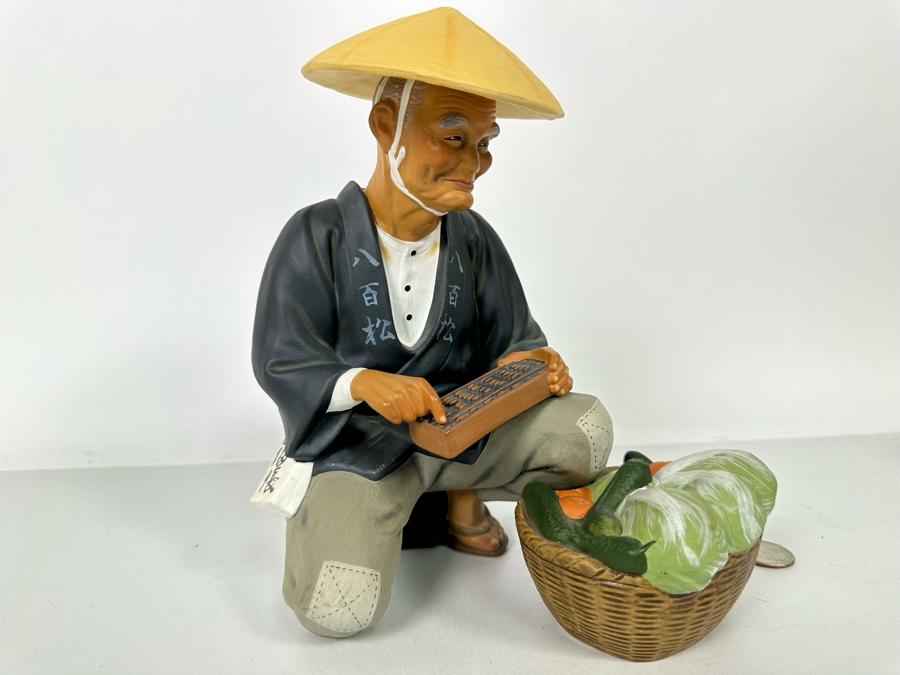 Vintage Japanese Hakata Urasaki Hand Painted Ceramic Doll Figurine Seated Man With Vegetable Basket 8W X 9H [Photo 9]