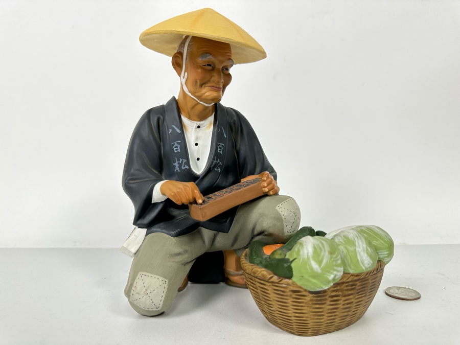 Vintage Japanese Hakata Urasaki Hand Painted Ceramic Doll Figurine Seated Man With Vegetable Basket 8W X 9H [Photo 3]