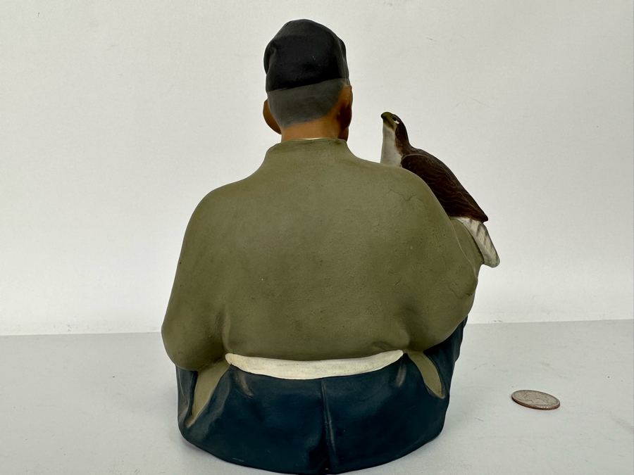Vintage Japanese Hakata Urasaki Hand Painted Ceramic Doll Figurine Seated Man With Falcon Bird 8W X 8H [Photo 9]