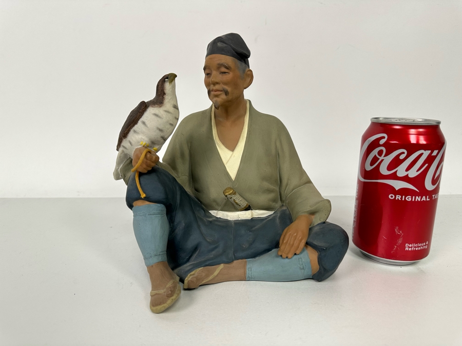 Vintage Japanese Hakata Urasaki Hand Painted Ceramic Doll Figurine Seated Man With Falcon Bird 8W X 8H [Photo 14]