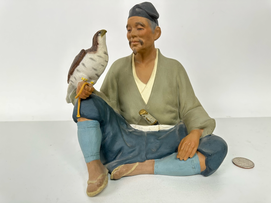 Vintage Japanese Hakata Urasaki Hand Painted Ceramic Doll Figurine Seated Man With Falcon Bird 8W X 8H [Photo 2]