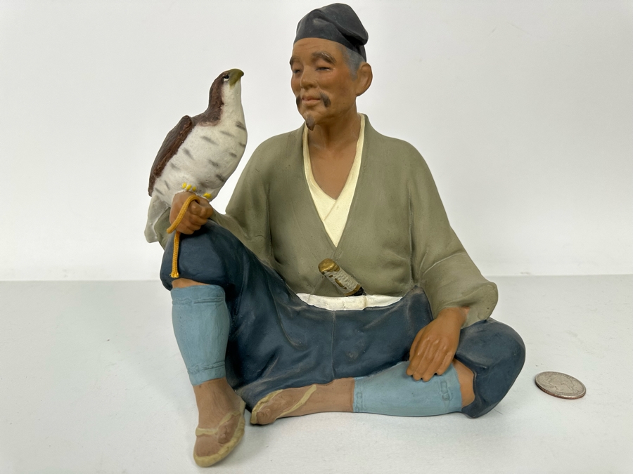 Vintage Japanese Hakata Urasaki Hand Painted Ceramic Doll Figurine Seated Man With Falcon Bird 8W X 8H [Photo 3]