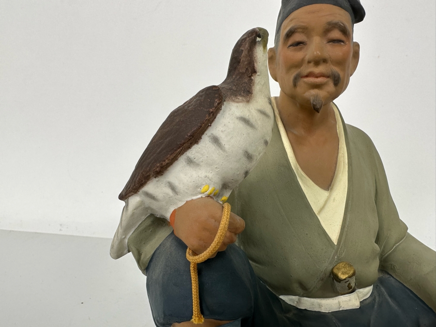 Vintage Japanese Hakata Urasaki Hand Painted Ceramic Doll Figurine Seated Man With Falcon Bird 8W X 8H [Photo 6]