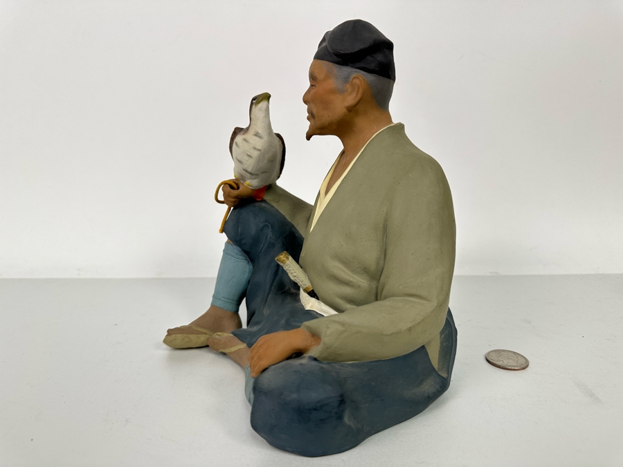 Vintage Japanese Hakata Urasaki Hand Painted Ceramic Doll Figurine Seated Man With Falcon Bird 8W X 8H [Photo 10]