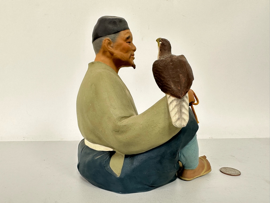 Vintage Japanese Hakata Urasaki Hand Painted Ceramic Doll Figurine Seated Man With Falcon Bird 8W X 8H [Photo 8]