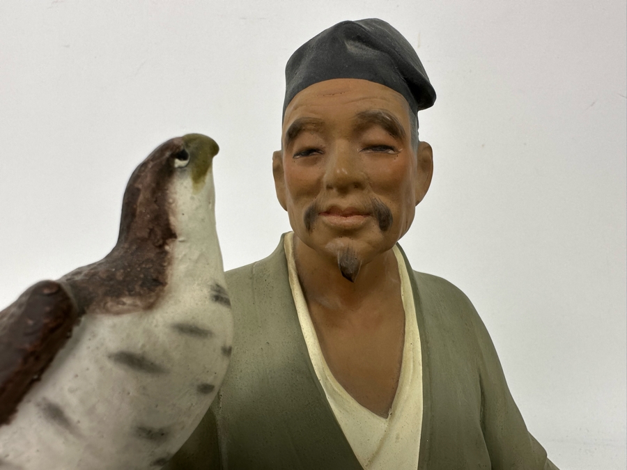 Vintage Japanese Hakata Urasaki Hand Painted Ceramic Doll Figurine Seated Man With Falcon Bird 8W X 8H [Photo 7]