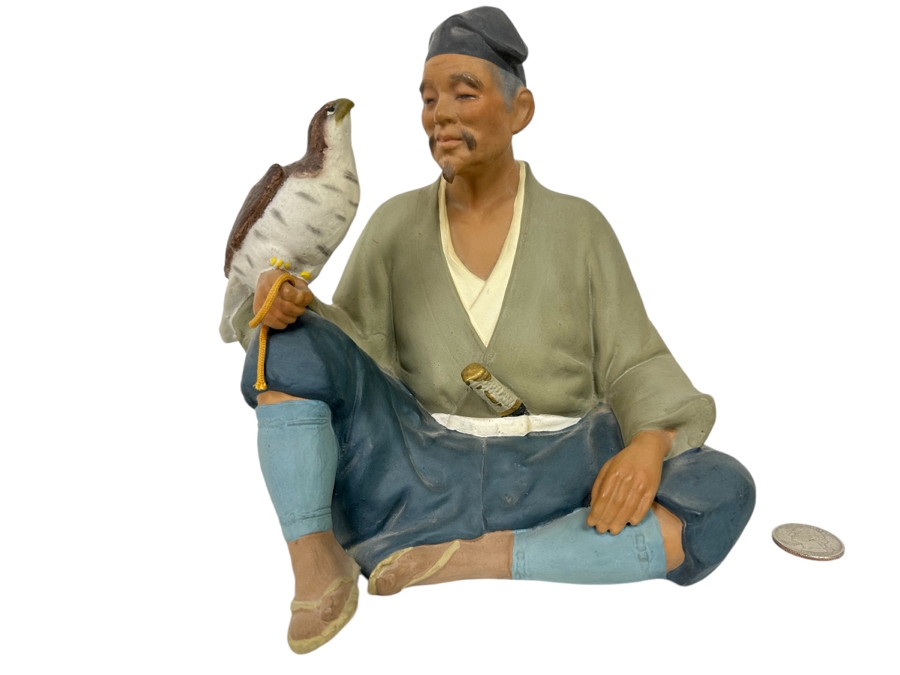 Vintage Japanese Hakata Urasaki Hand Painted Ceramic Doll Figurine Seated Man With Falcon Bird 8W X 8H [Photo 1]