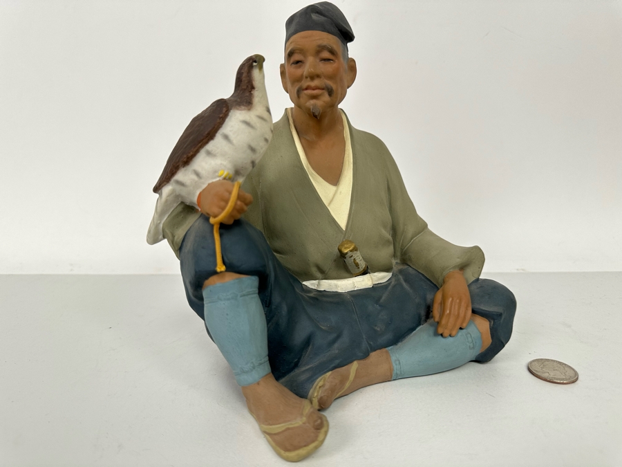 Vintage Japanese Hakata Urasaki Hand Painted Ceramic Doll Figurine Seated Man With Falcon Bird 8W X 8H [Photo 4]