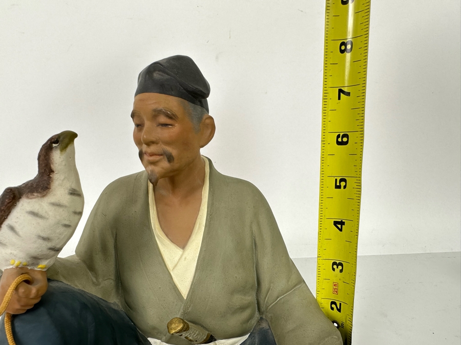 Vintage Japanese Hakata Urasaki Hand Painted Ceramic Doll Figurine Seated Man With Falcon Bird 8W X 8H [Photo 13]