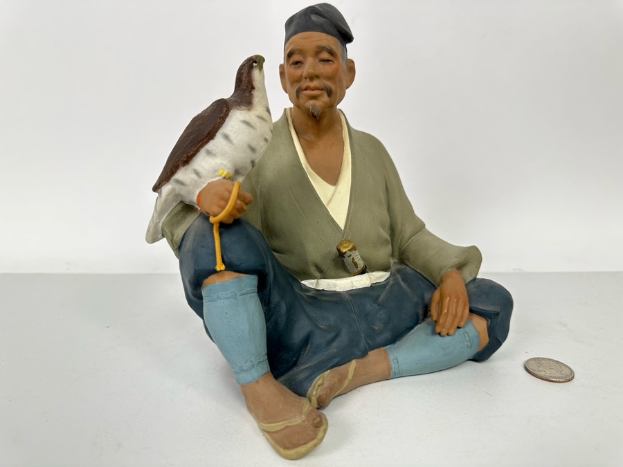 Vintage Japanese Hakata Urasaki Hand Painted Ceramic Doll Figurine Seated Man With Falcon Bird 8W X 8H [Photo 5]