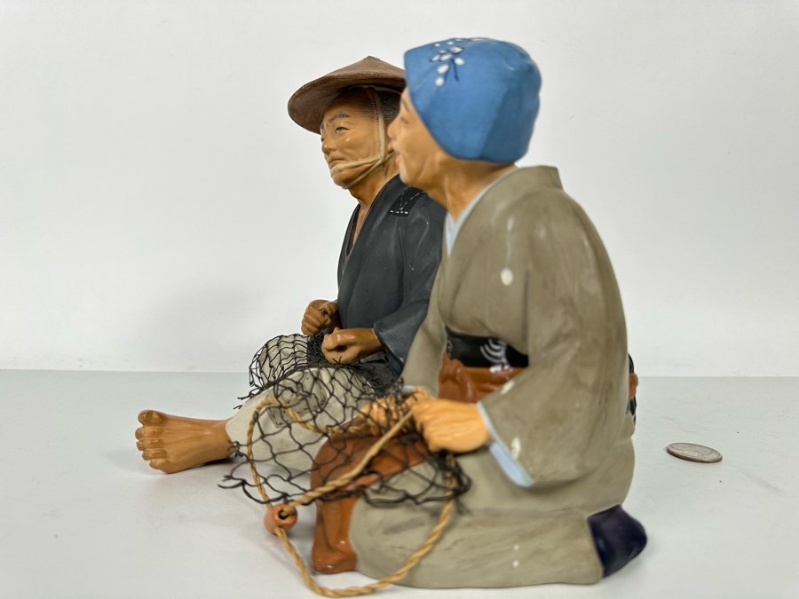 Vintage Japanese Hakata Urasaki Hand Painted Ceramic Doll Figurine Seated Man And Woman With Fishing Net 9W X 7.5H [Photo 8]