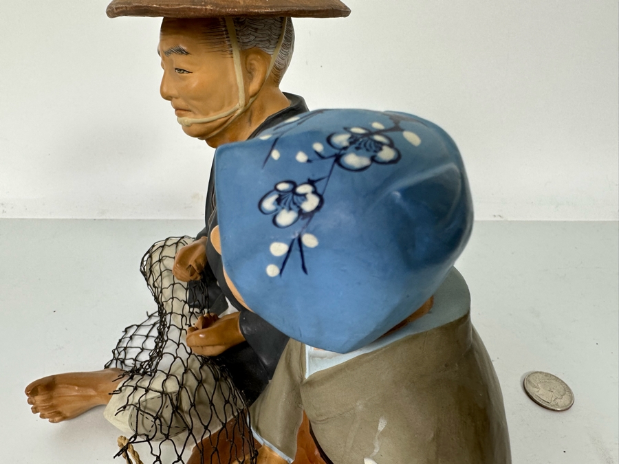 Vintage Japanese Hakata Urasaki Hand Painted Ceramic Doll Figurine Seated Man And Woman With Fishing Net 9W X 7.5H [Photo 9]