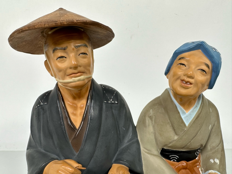 Vintage Japanese Hakata Urasaki Hand Painted Ceramic Doll Figurine Seated Man And Woman With Fishing Net 9W X 7.5H [Photo 4]