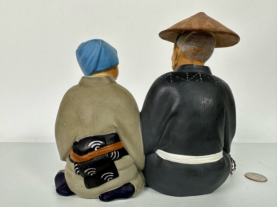 Vintage Japanese Hakata Urasaki Hand Painted Ceramic Doll Figurine Seated Man And Woman With Fishing Net 9W X 7.5H [Photo 7]