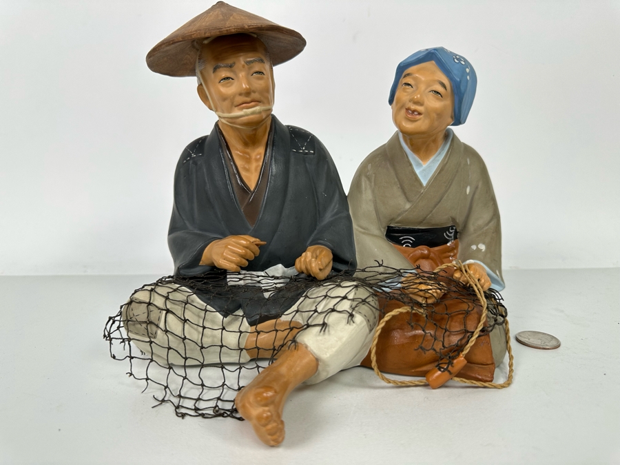 Vintage Japanese Hakata Urasaki Hand Painted Ceramic Doll Figurine Seated Man And Woman With Fishing Net 9W X 7.5H [Photo 3]
