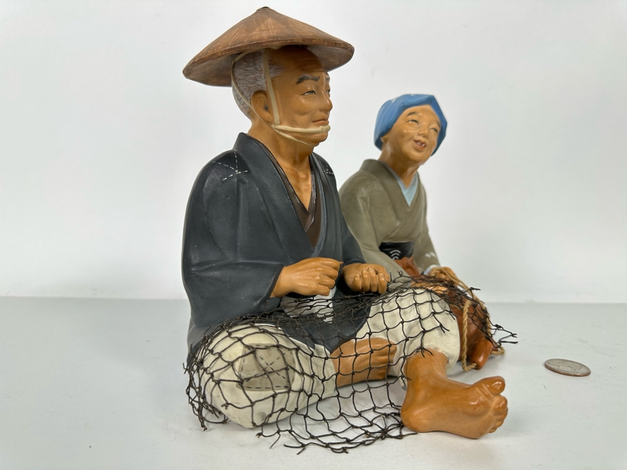 Vintage Japanese Hakata Urasaki Hand Painted Ceramic Doll Figurine Seated Man And Woman With Fishing Net 9W X 7.5H [Photo 5]