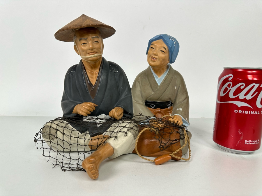 Vintage Japanese Hakata Urasaki Hand Painted Ceramic Doll Figurine Seated Man And Woman With Fishing Net 9W X 7.5H [Photo 12]