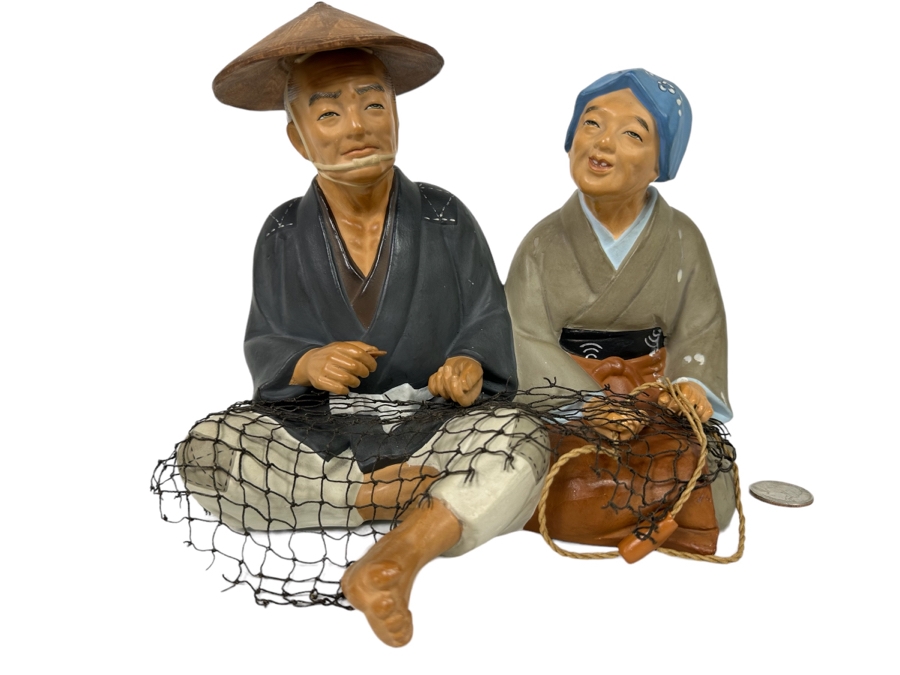 Vintage Japanese Hakata Urasaki Hand Painted Ceramic Doll Figurine Seated Man And Woman With Fishing Net 9W X 7.5H [Photo 1]